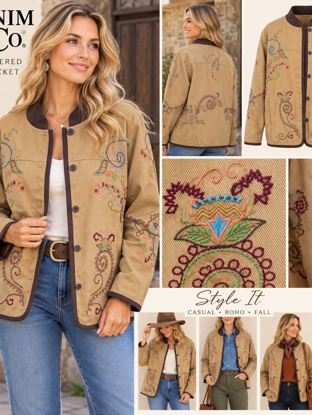 Denim & Co Women’s L Embroidered Barn Jacket Cotton Paisley Boho Tan